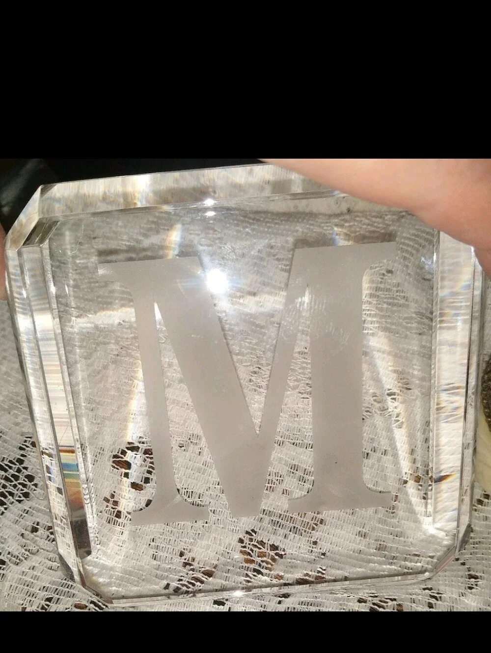 Monogram 'M' Etched Glass Paperweight